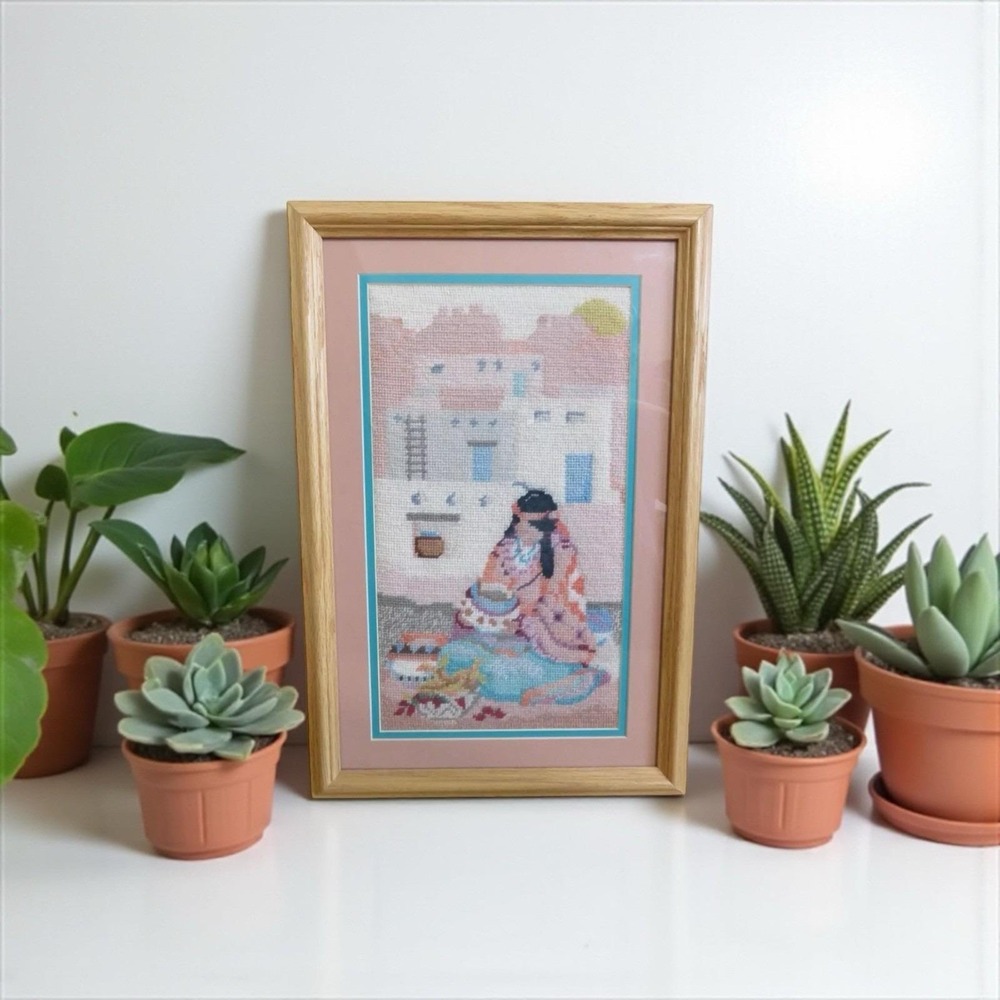 Handmade American Native Pueblo Woman Needlepoint Framed Wall Art Decor 12"x 18"